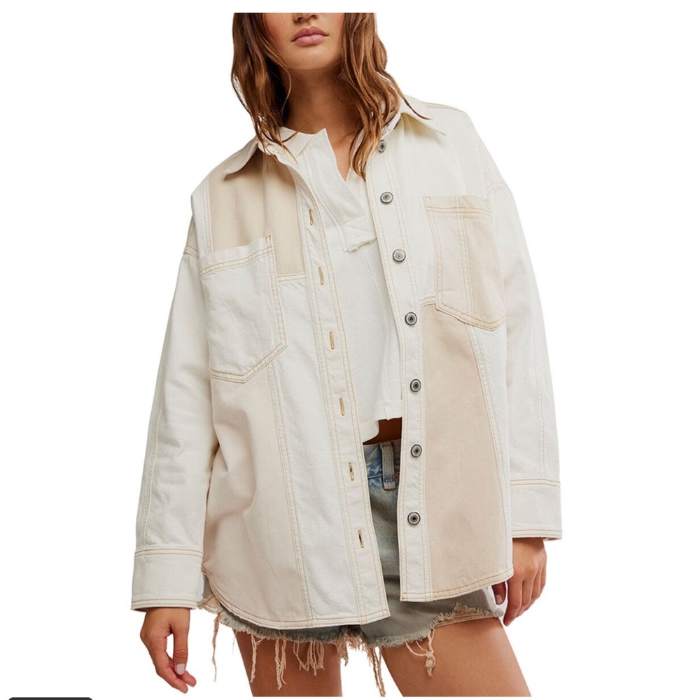 Free People Cream and Tan Denim Shirt Jacket